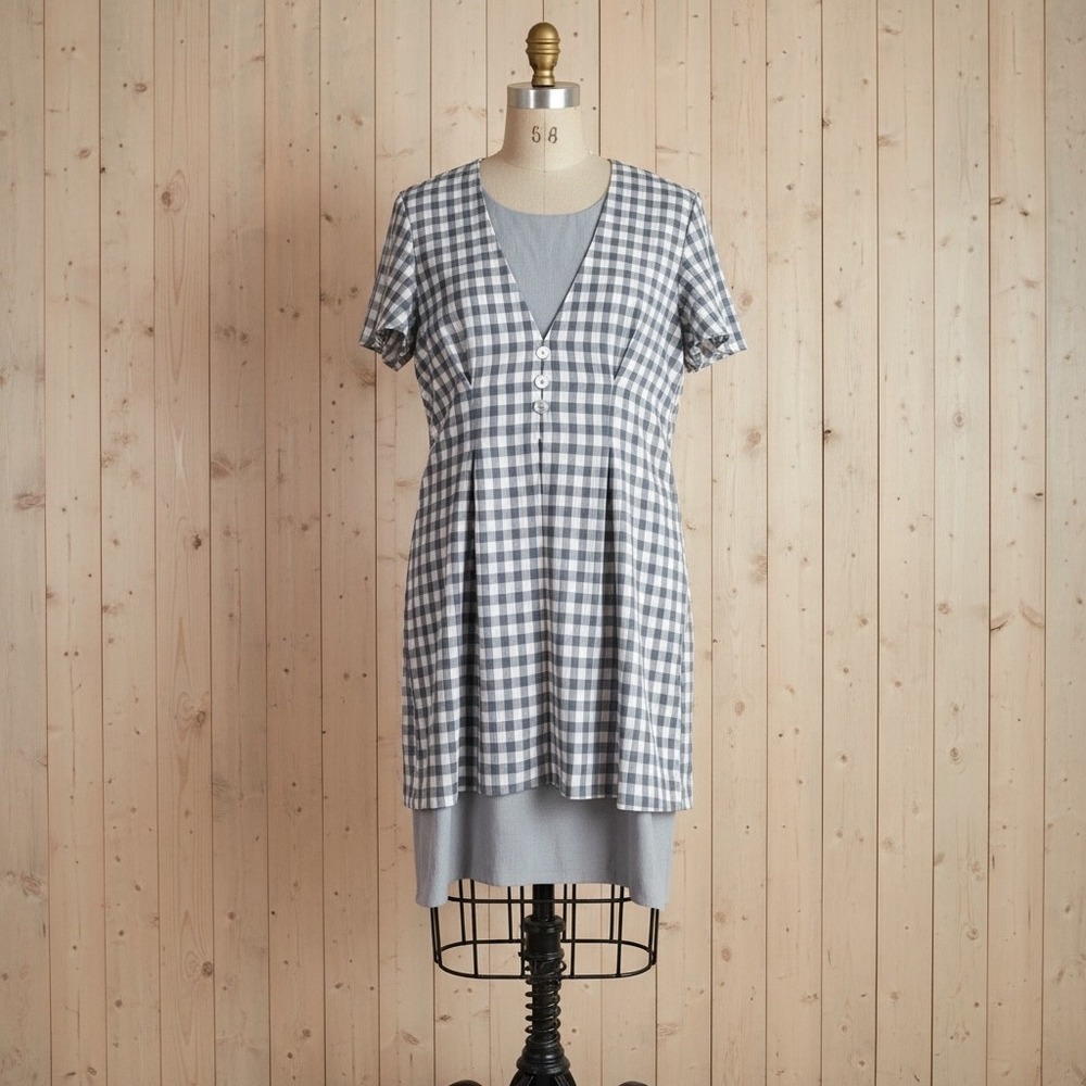 Vintage 90s‎ Gingham Office Pencil Peplum Dress 10 Blue